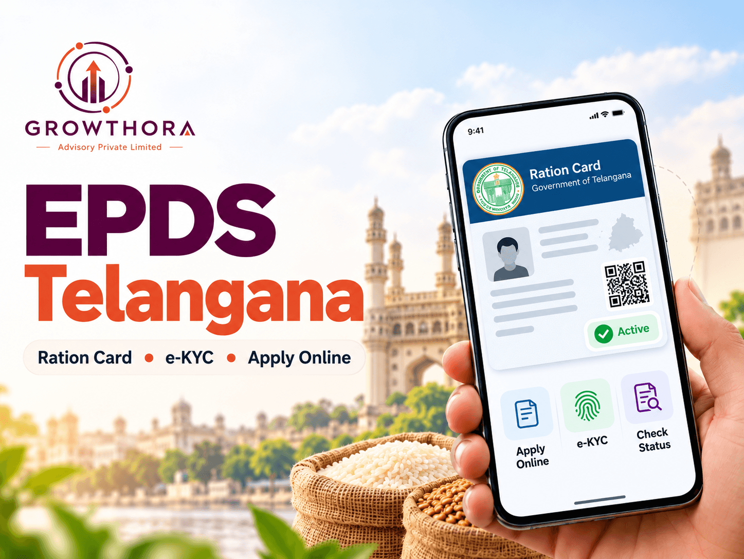 EPDS Telangana ration card services showing online application, Aadhaar e-KYC, ration card status check and digital Food Security Card access