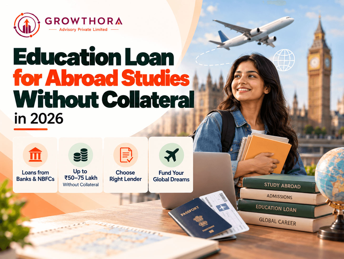 Education loan for abroad studies without collateral in 2026 banner by Growthora showing a student, overseas university destination, banks and NBFC funding, collateral-free loan options up to ₹50–75 lakh, passport, books and study-abroad planning.
