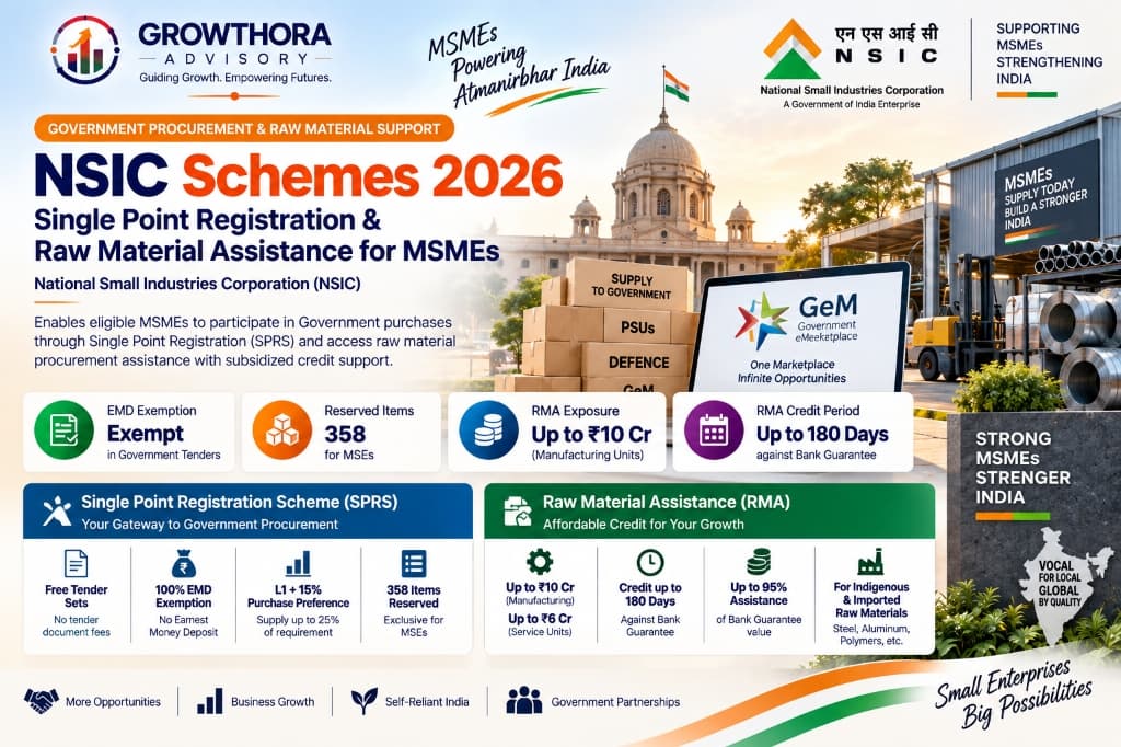 NSIC Schemes 2026: Single Point Registration & Raw Material Assistance for MSMEs Infographic