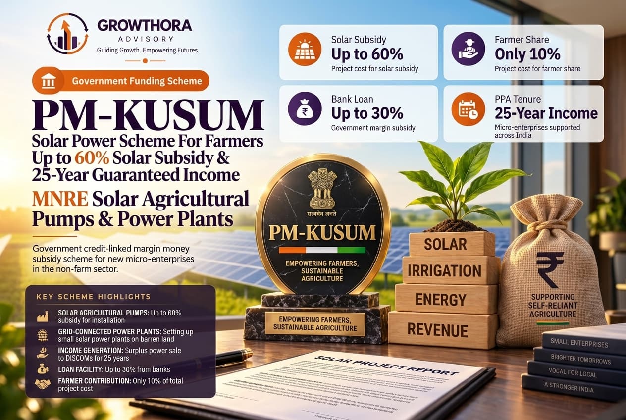 PM-KUSUM Yojana 2026 – Up to 60% Solar Subsidy & 25-Year Guaranteed Income Infographic
