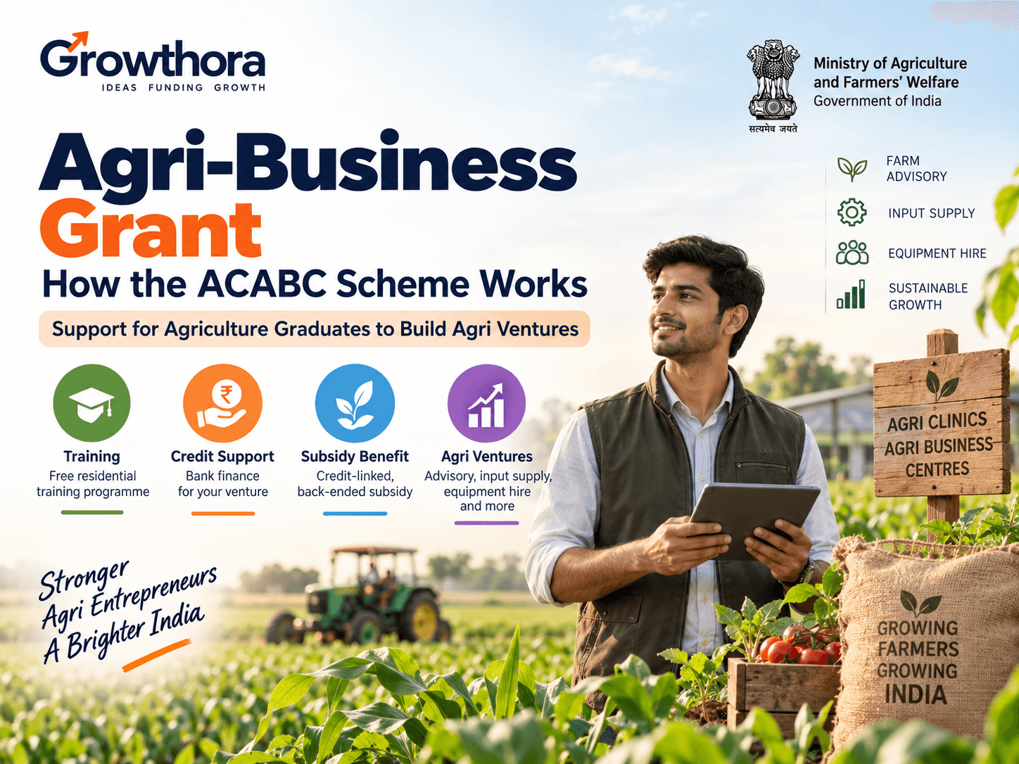 Agri-Business Grant: How the ACABC Scheme Works Agri-Business Grant under the ACABC Scheme showing agriculture training, bank credit support, back-ended subsidy and agri-business opportunities for agriculture graduates in India