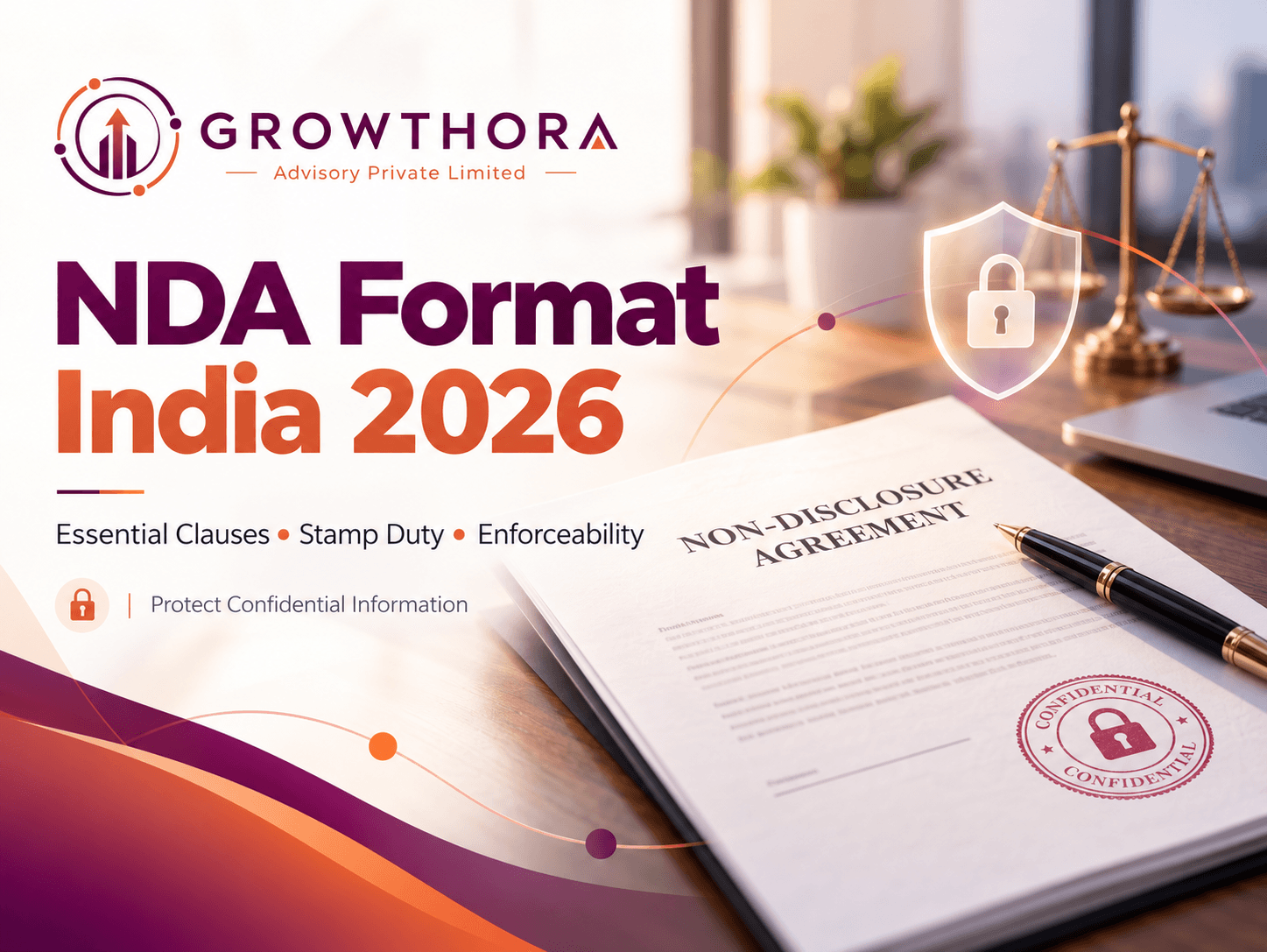 NDA Format India 2026: Essential Clauses, Stamp Duty and Enforceability NDA Format India 2026 banner showing a non-disclosure agreement, confidentiality protection, stamp duty, enforceability, legal compliance and secure business information.