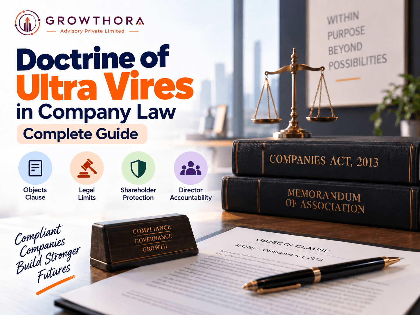Doctrine of Ultra Vires in Company Law: Complete Guide Doctrine of Ultra Vires in company law showing Companies Act 2013, Memorandum of Association, objects clause, legal limits and director accountability