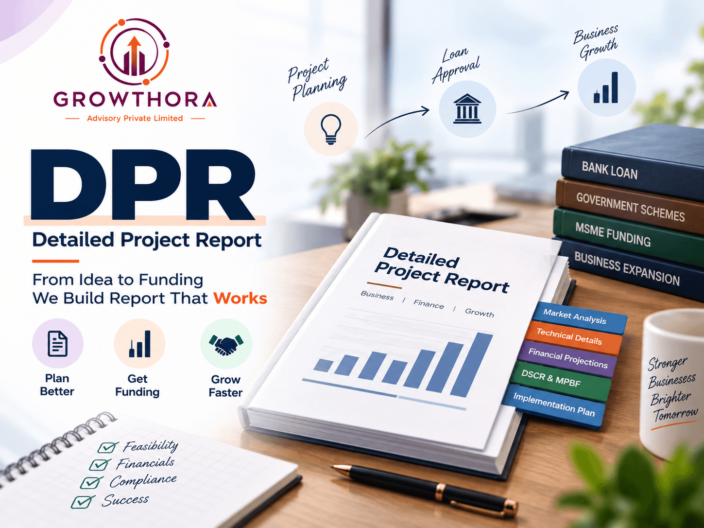 DPR full form explained as Detailed Project Report, covering project planning, financial projections, DSCR, MPBF, MSME funding and Growthora DPR process for bank loans.