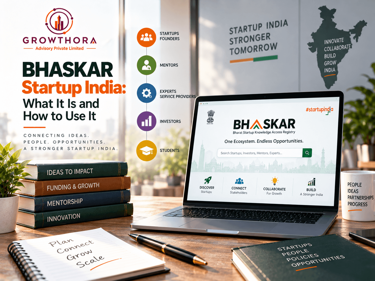 BHASKAR Startup India: What It Is and How to Use It BHASKAR Startup India platform showing founders, mentors, investors, experts and students connecting through a unified startup ecosystem and digital registry in India