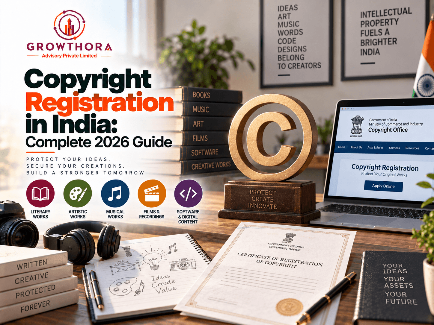 Copyright Registration in India: Complete 2026 Guide Copyright registration in India 2026 showing creative works, software, music, films, artistic content, Copyright Office filing and certificate of registration