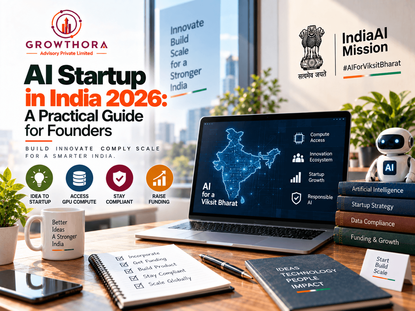 AI Startup in India 2026: A Practical Guide for Founders AI startup in India 2026 showing IndiaAI Mission, subsidised GPU compute, startup funding, data compliance, innovation infrastructure and growth opportunities for founders