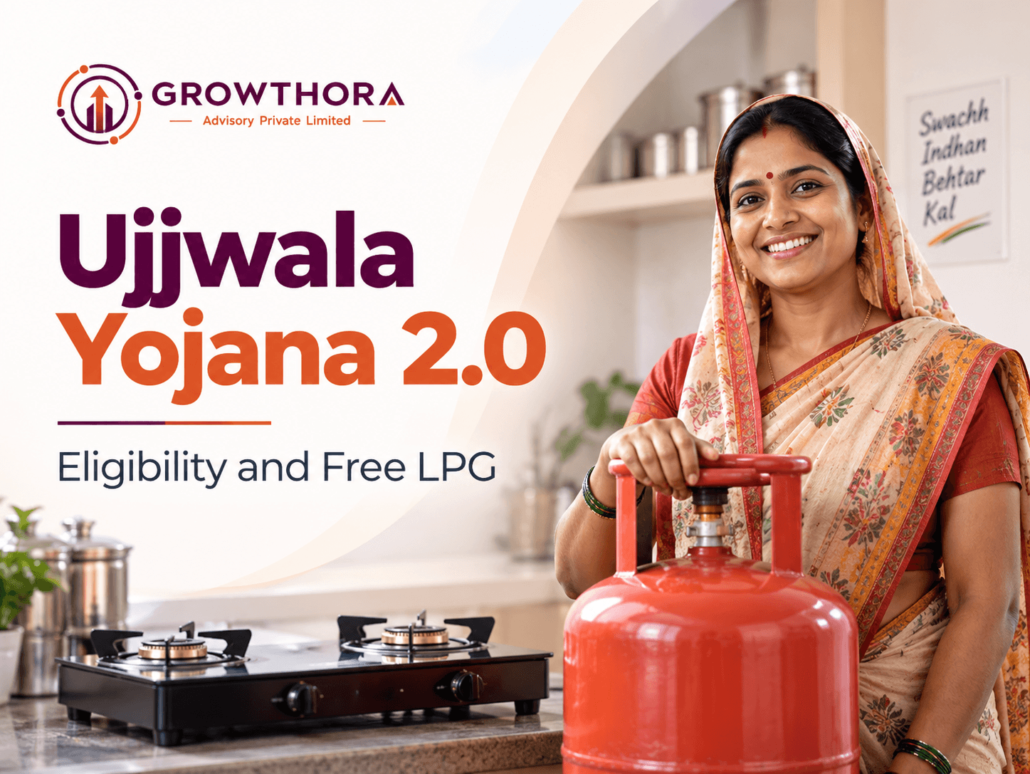 Ujjwala Yojana 2.0: Eligibility, Benefits and How to Apply Ujjwala Yojana 2.0 showing free LPG connection, gas cylinder, stove and clean cooking benefits for eligible women from low-income households in India