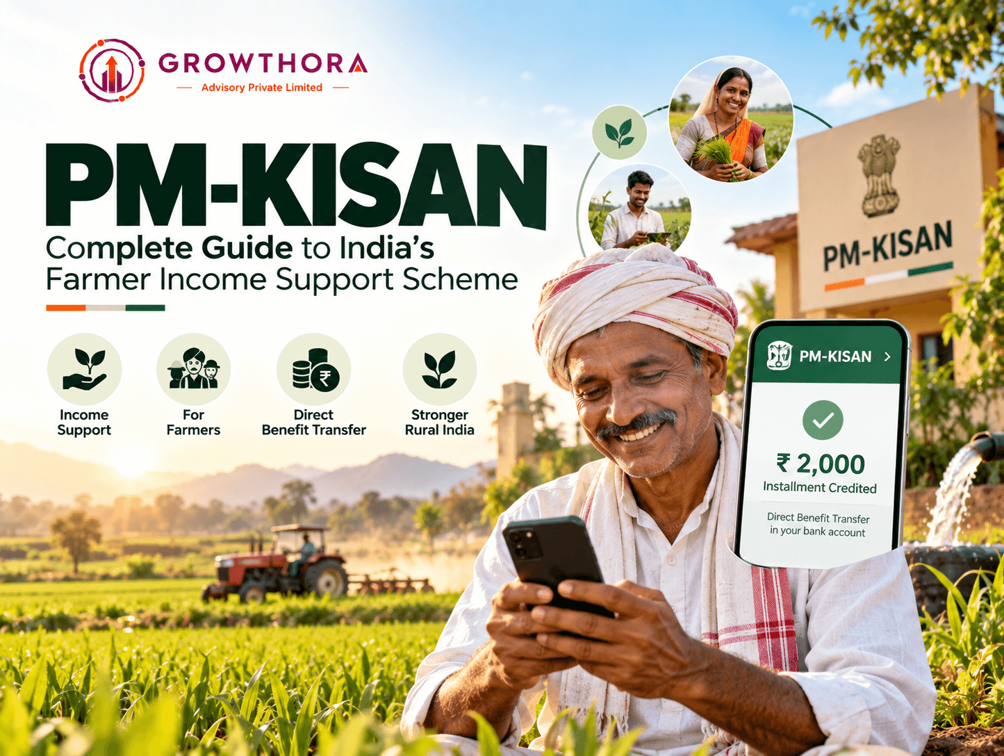 PM-KISAN scheme showing farmer income support, ₹2,000 installment through Direct Benefit Transfer, Aadhaar-linked payments and financial assistance for Indian farmers