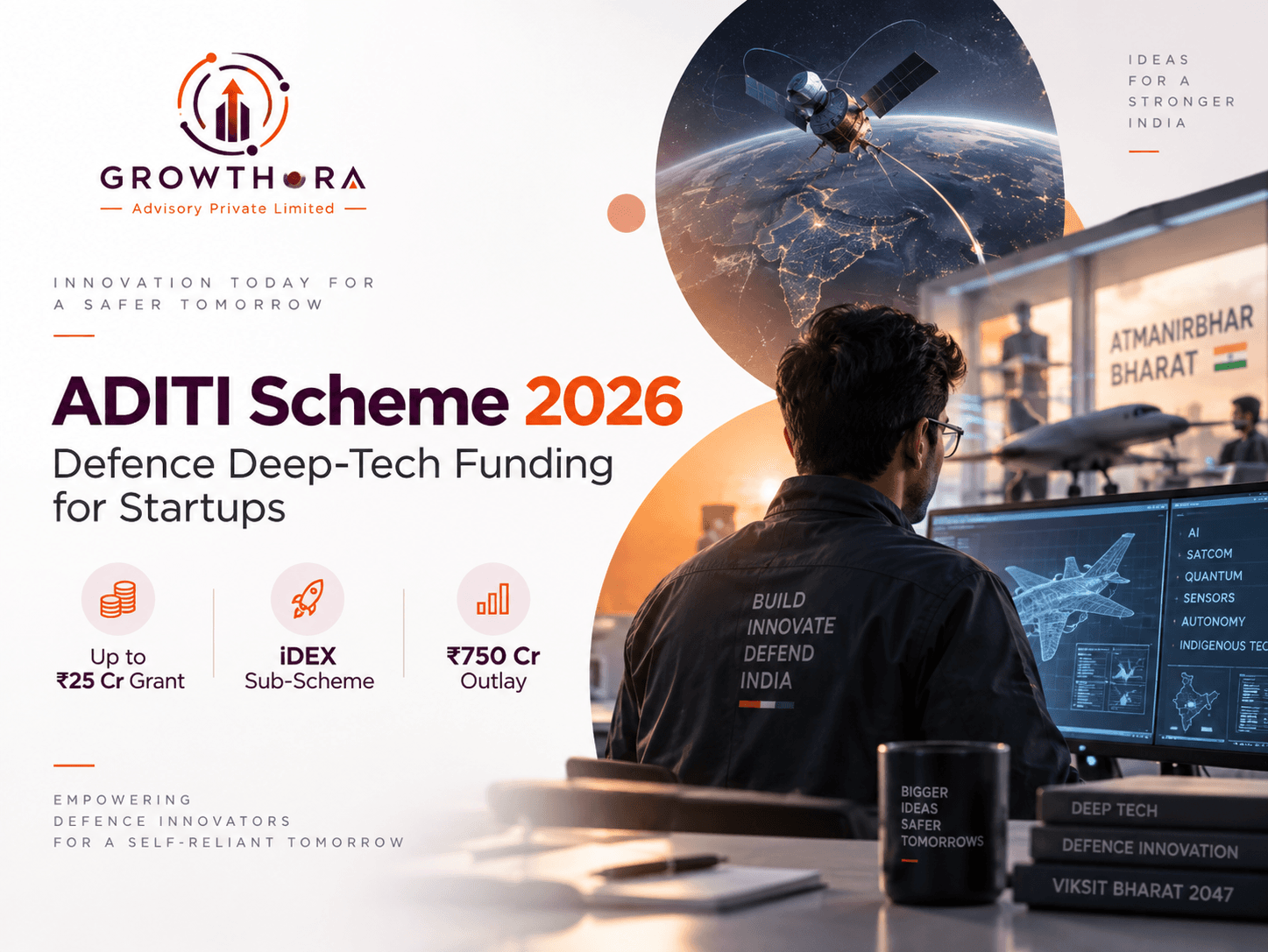 ADITI Scheme 2026: Defence Deep-Tech Funding for Startups ADITI Scheme 2026 showing defence deep-tech funding for startups, iDEX innovation, AI, quantum technology, semiconductors, cybersecurity, autonomous systems and indigenous defence development in India