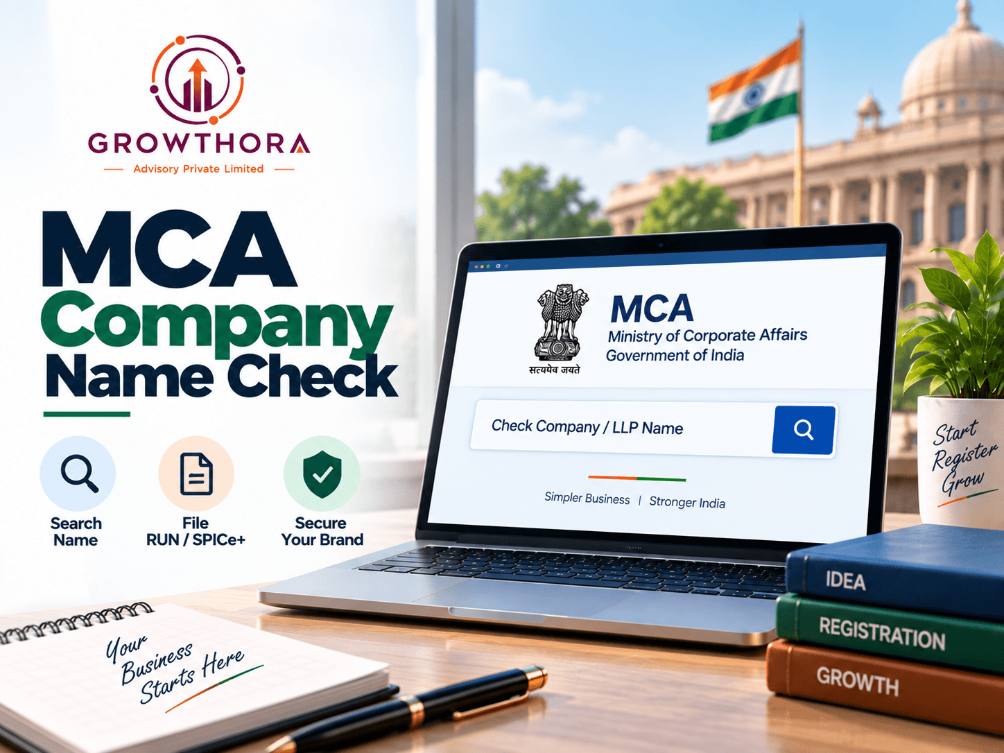MCA Company Name Check – Name Availability Guide for Indian Startups MCA Company Name Check for Indian startups showing company name availability search, RUN and SPICe+ filing, and business name registration process in India.