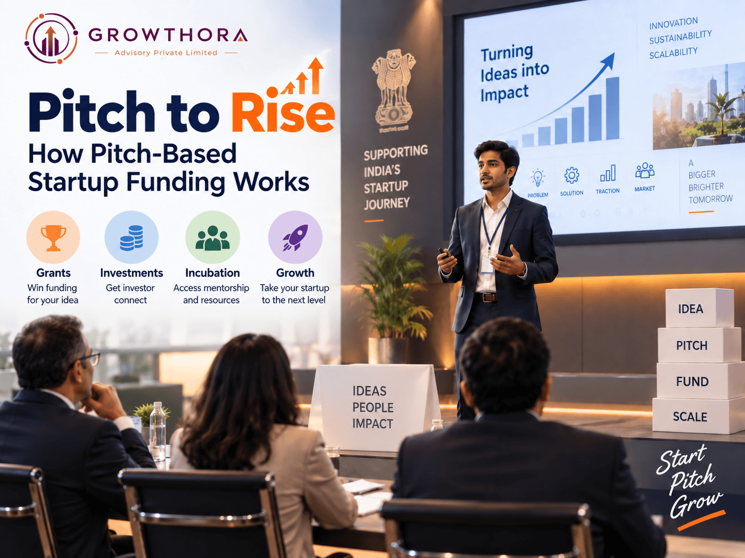 Pitch to Rise startup funding guide showing a founder presenting to investors Pitch to Rise startup funding guide showing a founder presenting to investors, with grants, investment, incubation and startup growth opportunities in India