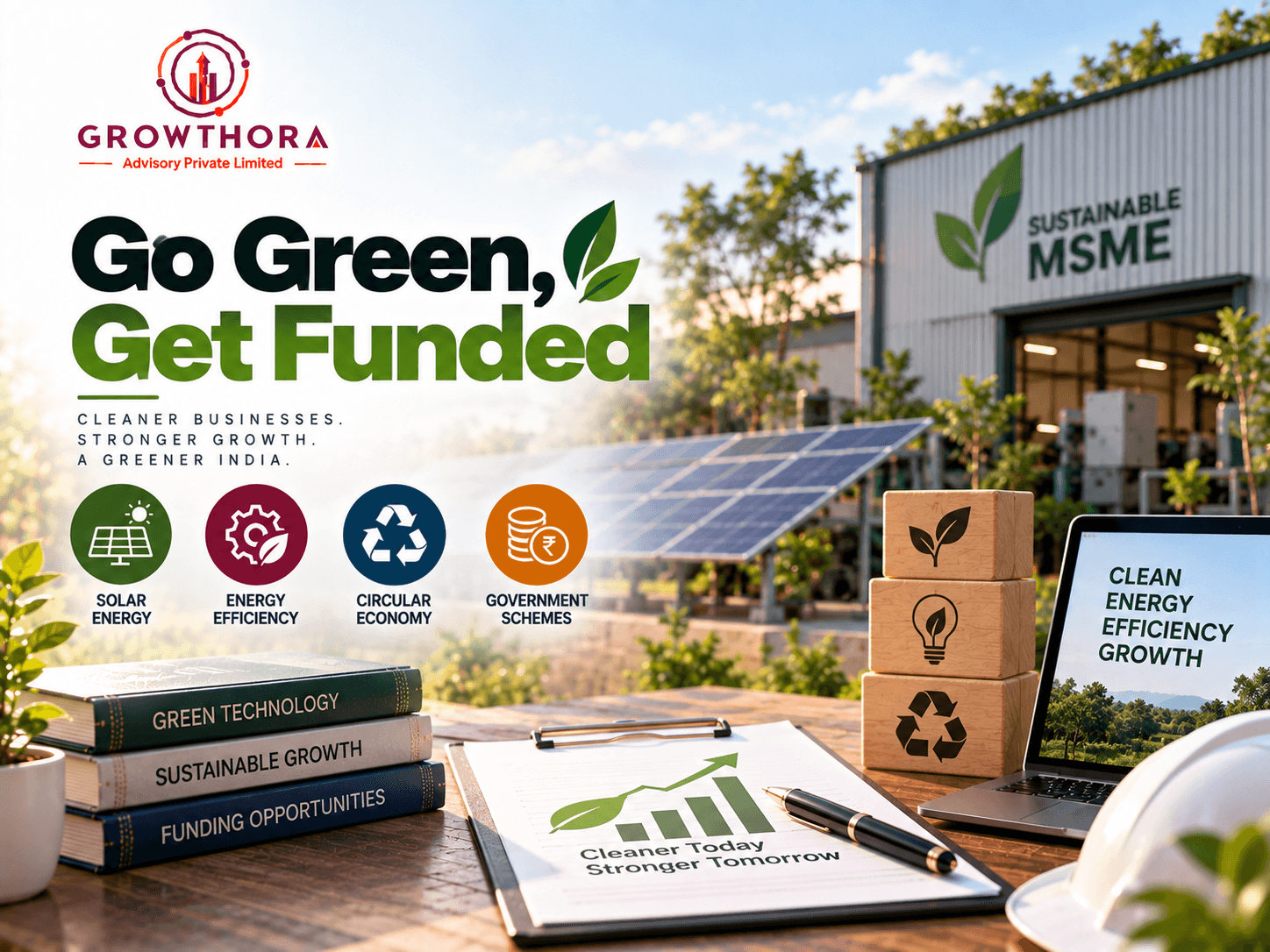 Go Green, Get Funded for Indian MSMEs showing solar energy, energy-efficient machinery, circular economy investments, green technology funding and government support schemes