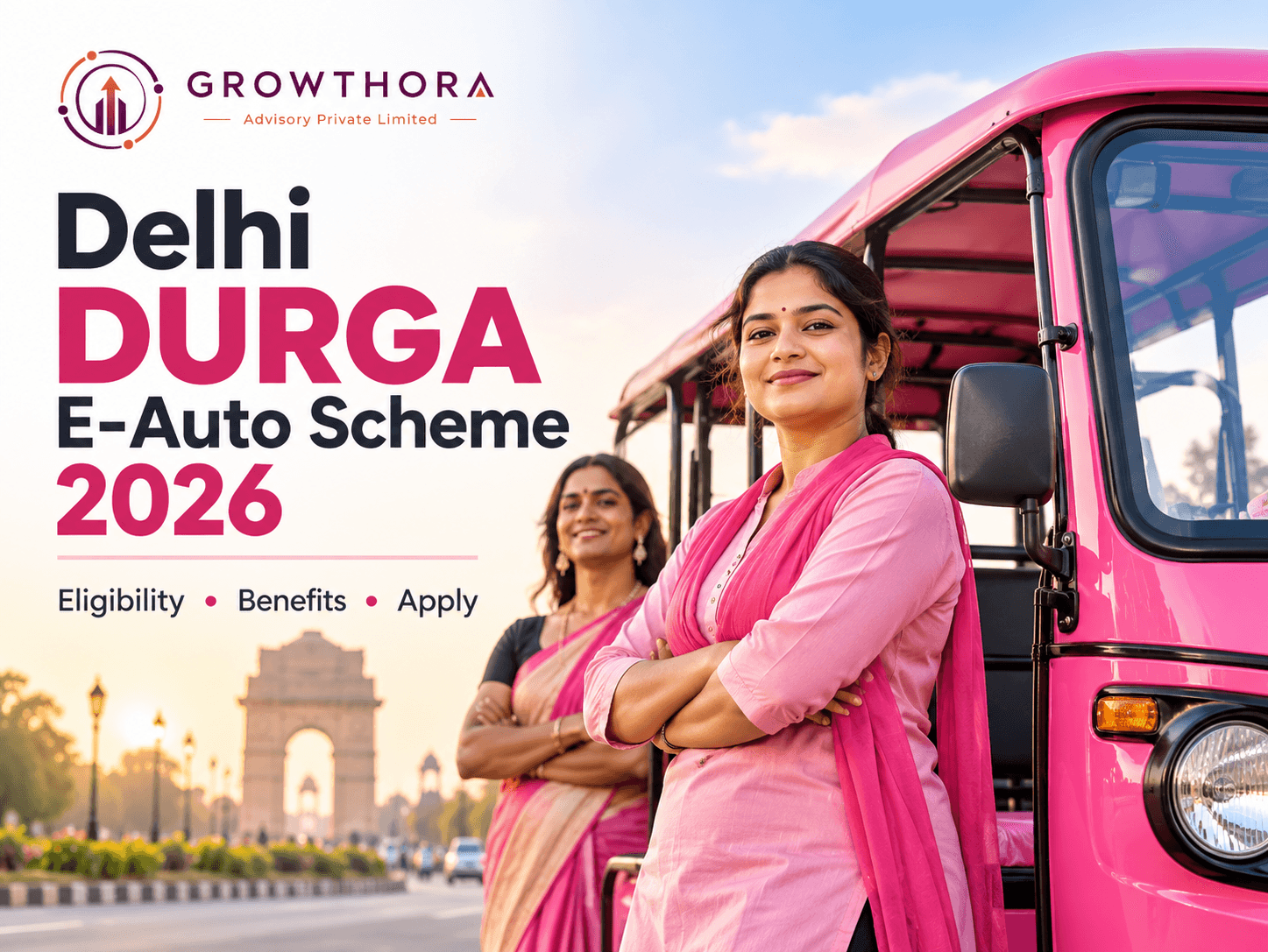 Delhi DURGA E-Auto Scheme 2026: Eligibility, Benefits and How to Apply Delhi DURGA E-Auto Scheme 2026 showing pink electric autos, women drivers, reserved permits, subsidy support and self-employment opportunities in Delhi