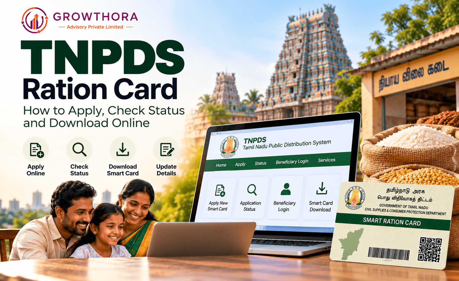 TNPDS ration card online services showing how Tamil Nadu residents can apply for a Smart Ration Card, check application status, download the card and update details through the TNPDS portal