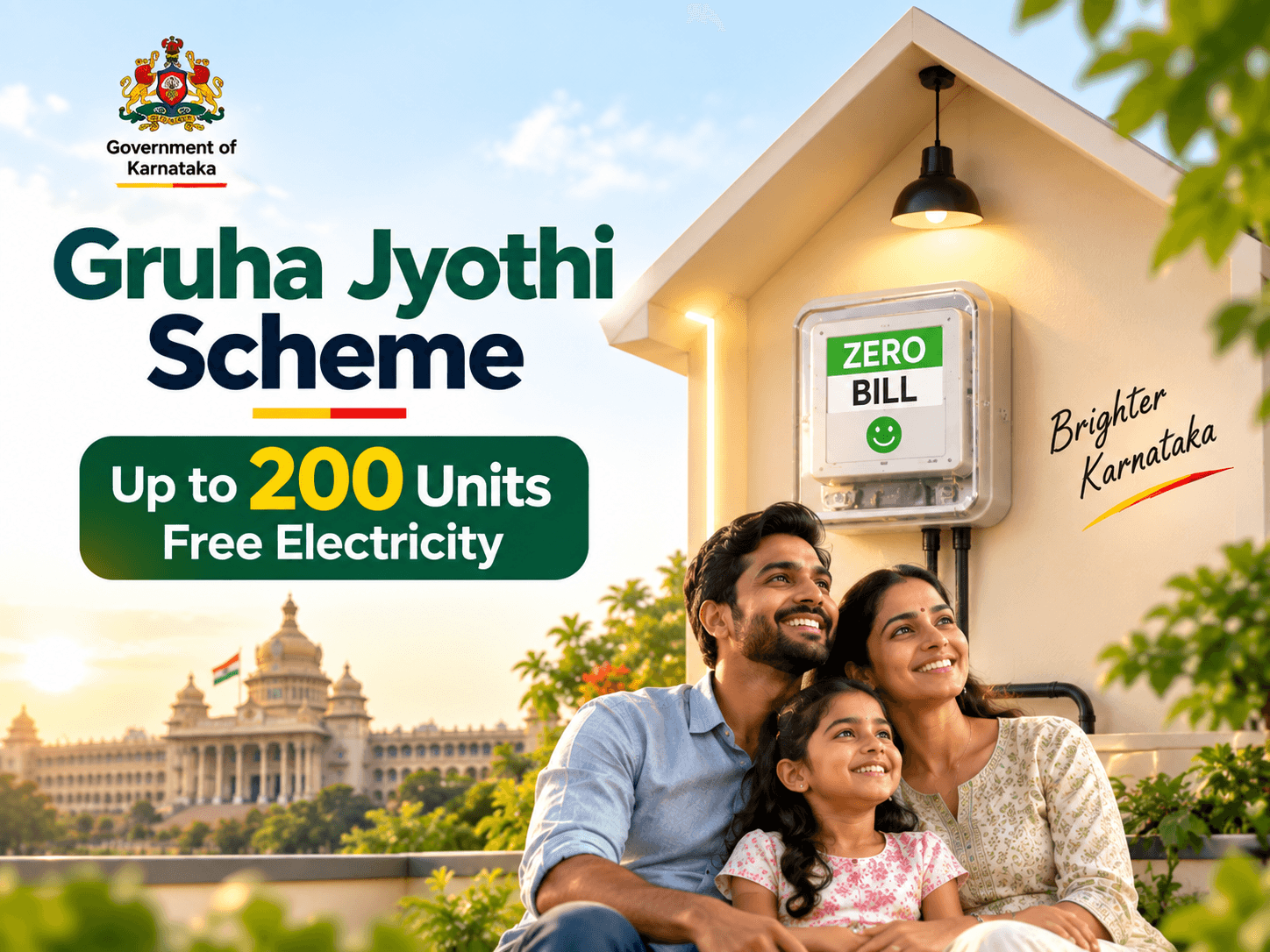 Gruha Jyothi Scheme Karnataka – 200 Units Free Electricity Gruha Jyothi Scheme in Karnataka offering eligible residential households up to 200 units of free electricity per month with zero electricity bill benefits.