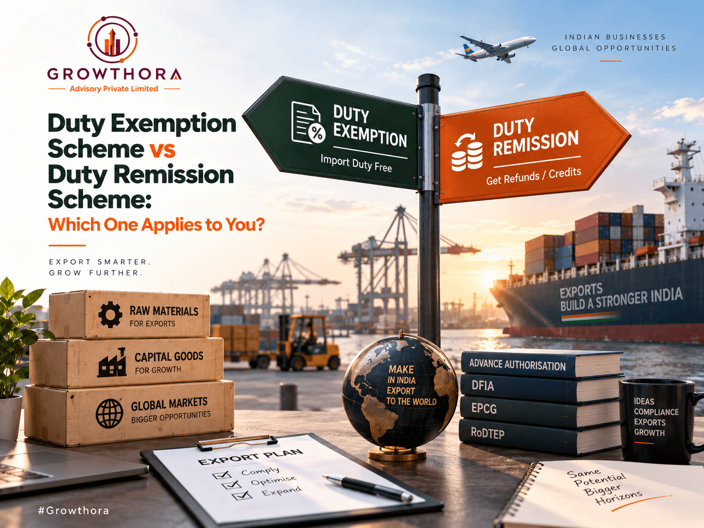 Duty Exemption Scheme vs Duty Remission Scheme: Which One Applies to You Duty Exemption Scheme vs Duty Remission Scheme in India showing Advance Authorisation, DFIA, EPCG and RoDTEP options for exporters, duty-free imports and export tax benefits