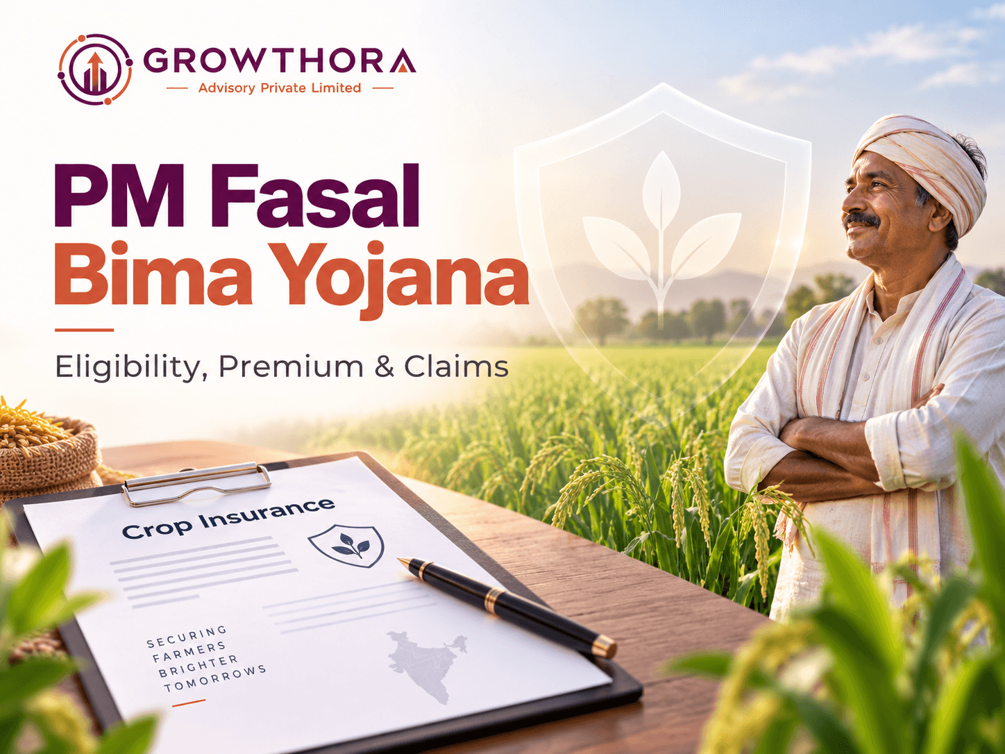 PM Fasal Bima Yojana Explained: Eligibility, Premium, Claims and How It Works PM Fasal Bima Yojana crop insurance showing Indian farmer, insured crops, premium protection and claim support against crop loss