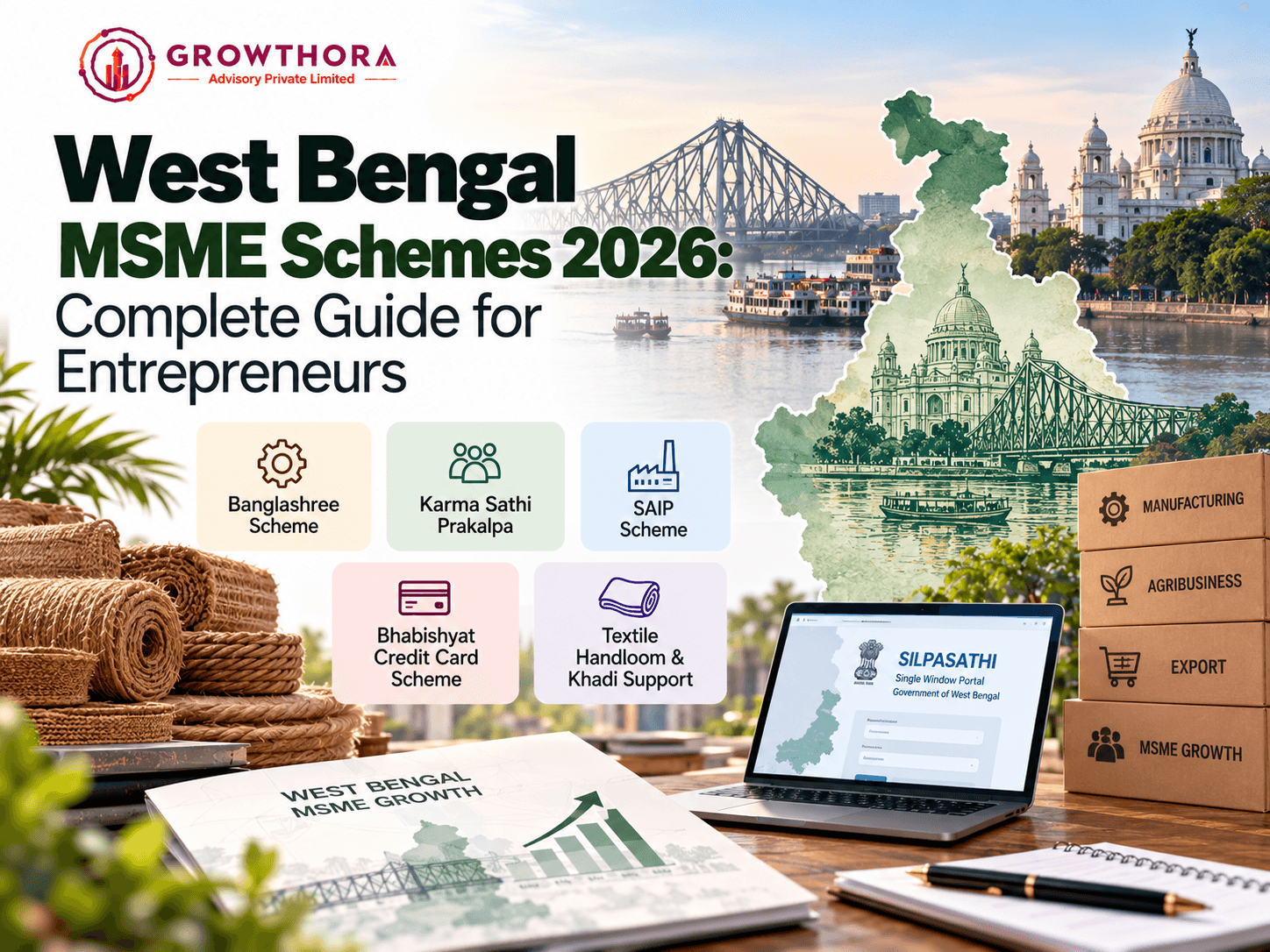 West Bengal MSME Schemes 2026 showing Banglashree, Karma Sathi Prakalpa, SAIP, Bhabishyat Credit Card, textile and Khadi support, Silpasathi portal and MSME growth opportunities