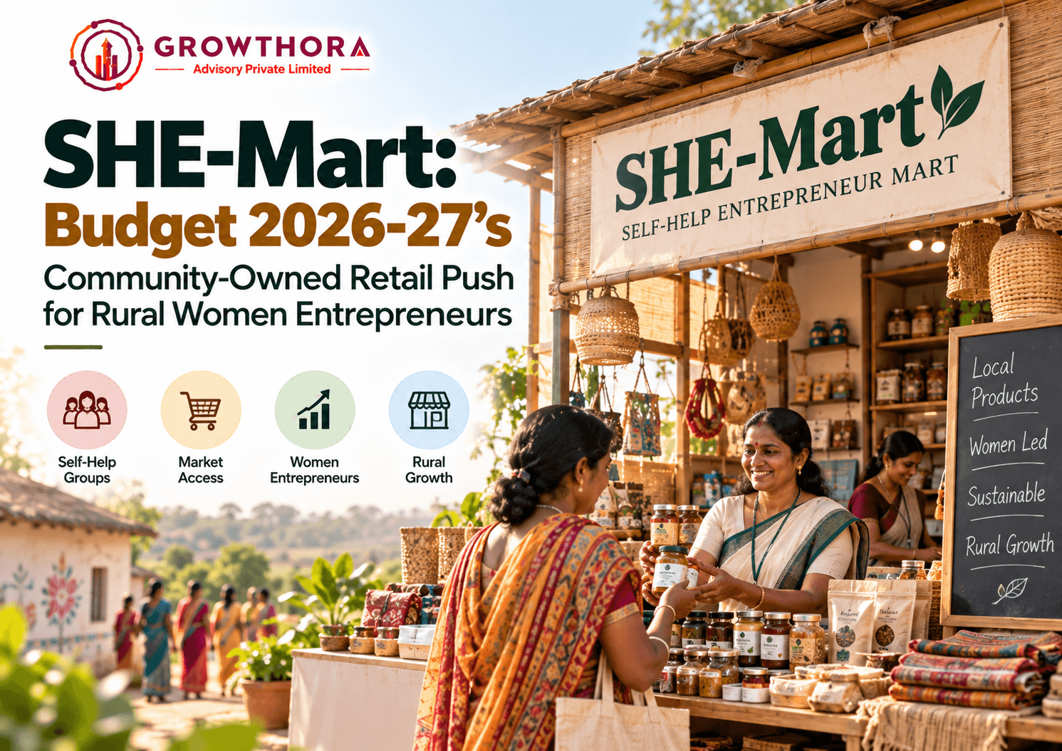 SHE-Mart under Budget 2026-27 showing community-owned retail for rural women entrepreneurs, Self-Help Groups, local products, market access and women-led rural business growth
