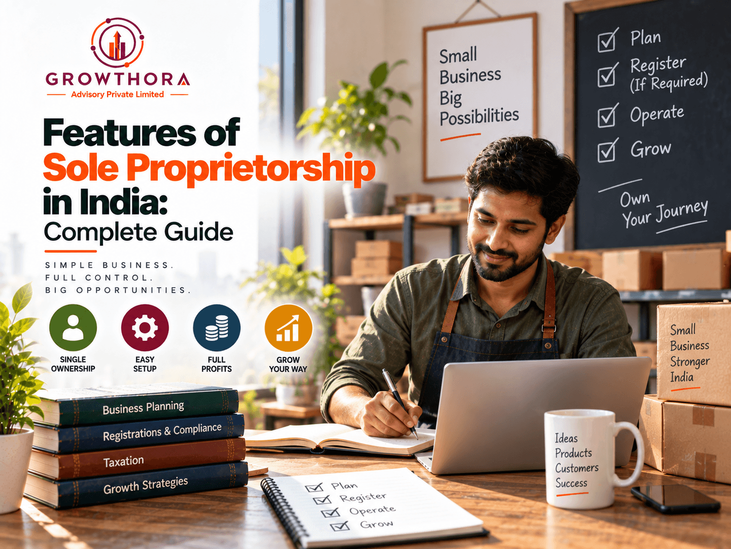 Features of sole proprietorship in India showing single ownership, easy setup, full profit control, taxation, registration and small business growth