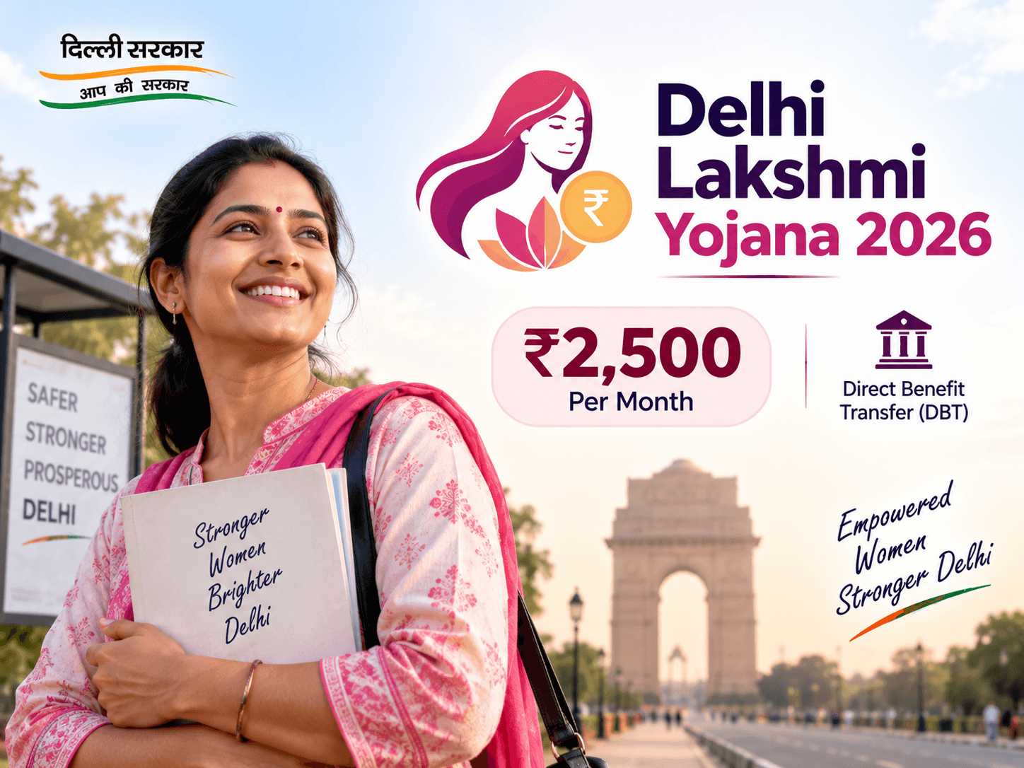 Delhi Lakshmi Yojana 2026 – ₹2,500 Monthly Benefit for Women Delhi Lakshmi Yojana 2026 providing ₹2,500 per month through DBT to eligible women in Delhi, shown with a woman beneficiary and India Gate.