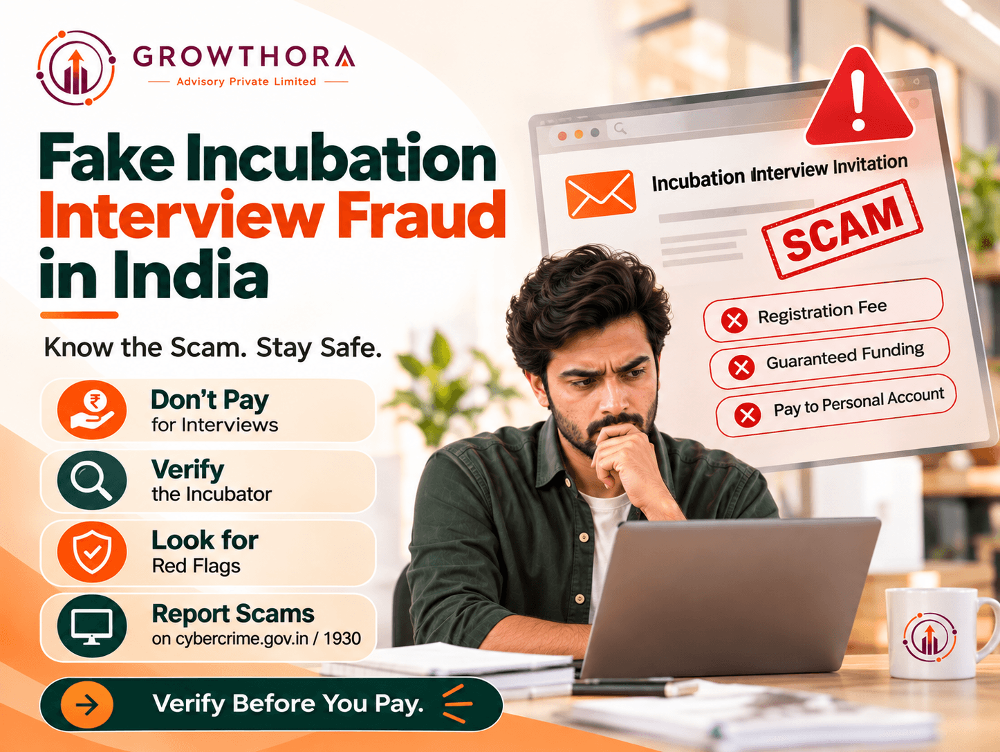Fake Incubation Interview Fraud in India: How the Scam Works and How to Stay Safe Fake incubation interview fraud awareness banner showing a startup founder reviewing a suspicious funding interview message, with warning signs about advance-fee scams, verification before payment and reporting cyber fraud at 1930.