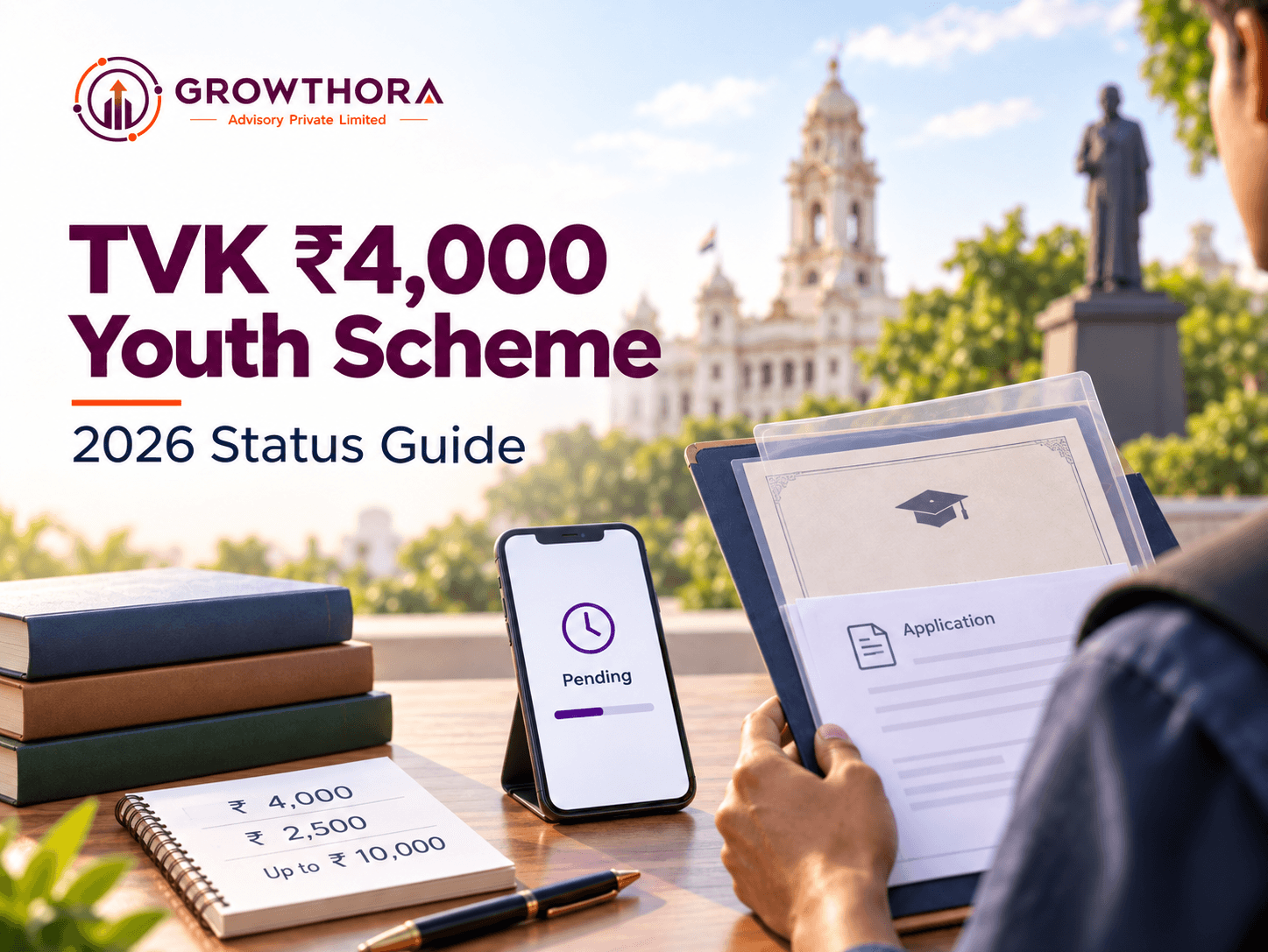 TVK ₹4,000 Youth Scheme 2026 Complete Status Guide TVK ₹4,000 Youth Scheme 2026 status guide showing youth application documents, pending status and monthly benefit amounts in Tamil Nadu