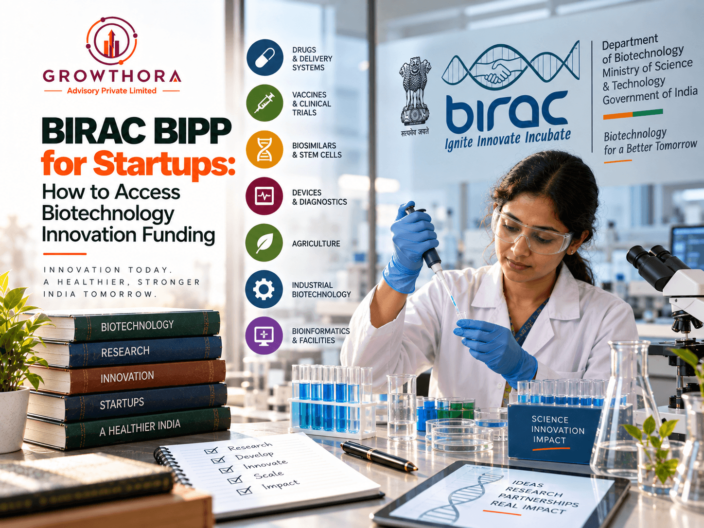 BIRAC BIPP for Startups: How to Access Biotechnology Innovation Funding BIRAC BIPP biotechnology innovation funding for startups showing research laboratories, vaccines, diagnostics, biosimilars, agriculture biotechnology and advanced R&D support in India