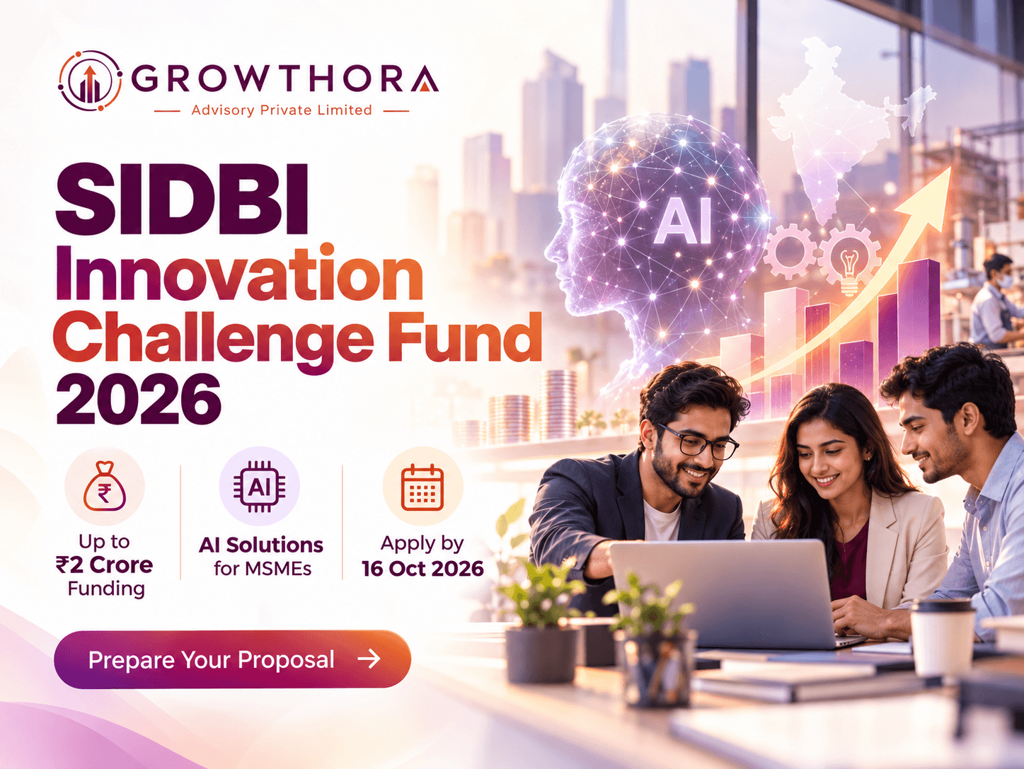 SIDBI Innovation Challenge Fund 2026: Eligibility, Funding and How to Apply SIDBI Innovation Challenge Fund 2026 banner highlighting AI-enabled solutions for MSMEs, funding support up to ₹2 crore, innovation, business growth and the 16 October 2026 application deadline.
