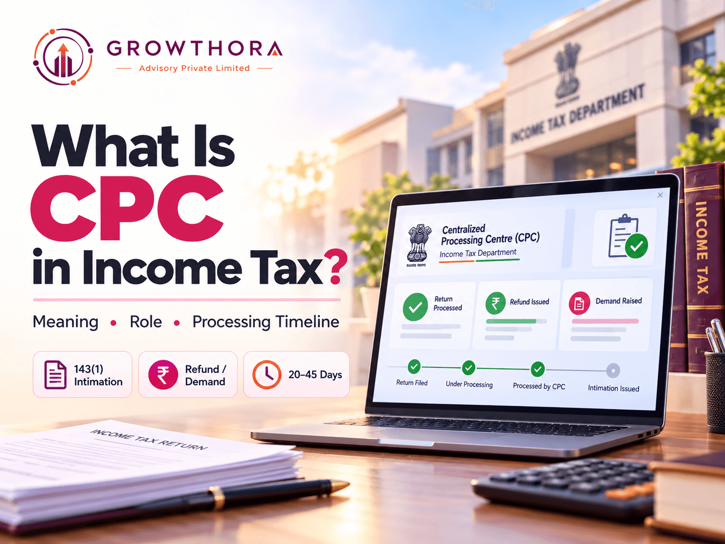 What Is CPC in Income Tax? Meaning, Role and Processing Timeline CPC in Income Tax showing the Centralised Processing Centre process, income tax return verification, Section 143(1) intimation, refund or demand processing and typical ITR processing timeline