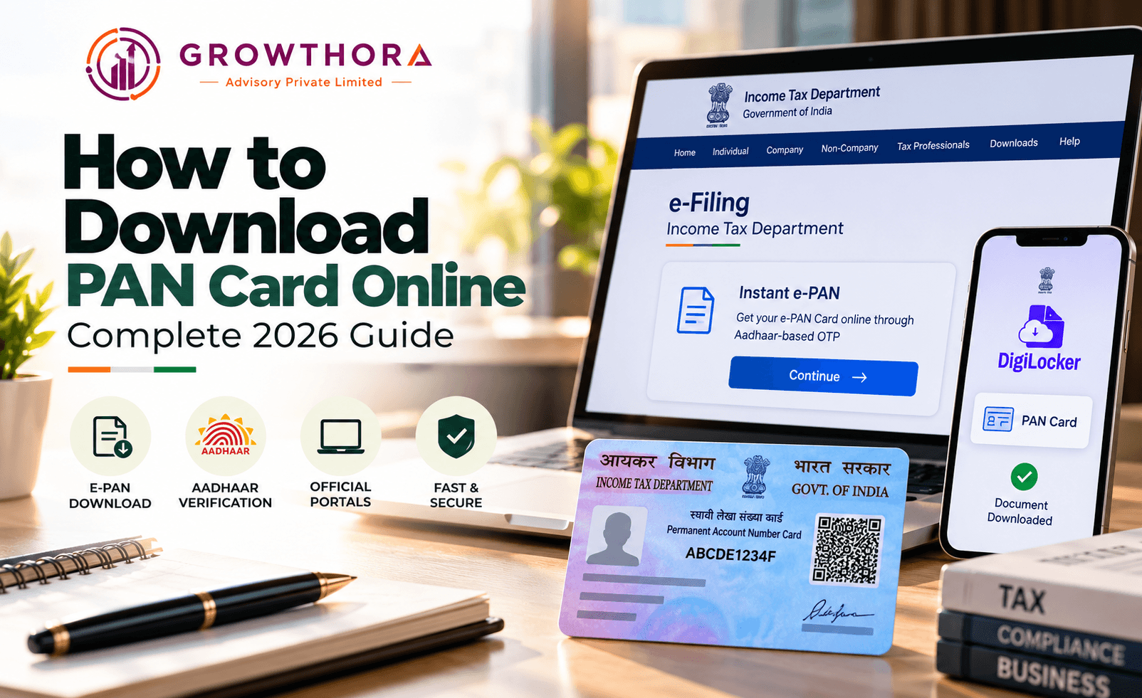 How to download PAN card online in 2026 using the Income Tax e-Filing portal, NSDL Protean, UTIITSL and DigiLocker with Aadhaar OTP verification