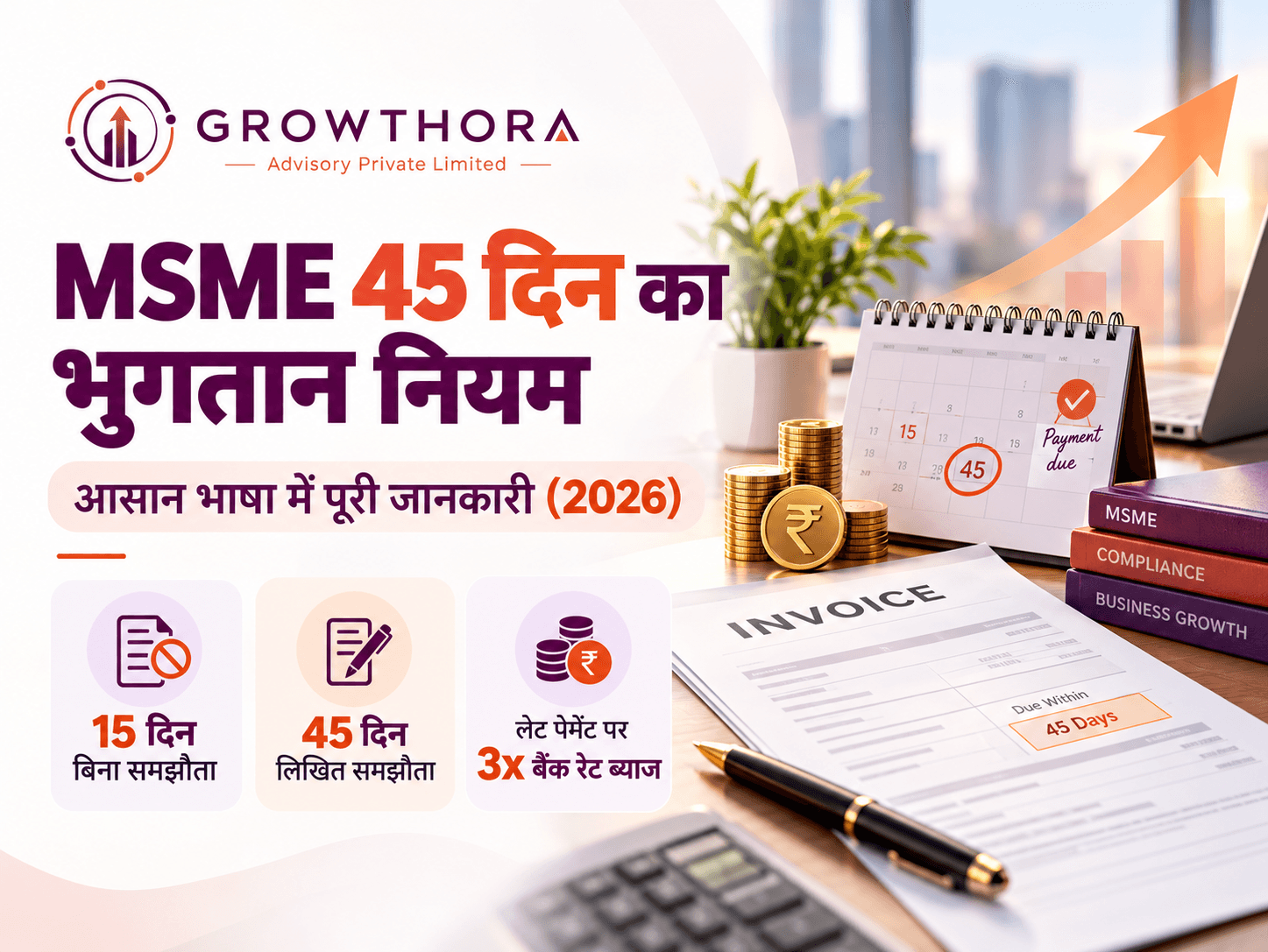 MSME 45 दिन का भुगतान नियम हिंदी में: 15 दिन, 45 दिन और ब्याज नियम MSME 45 दिन भुगतान नियम हिंदी में, जिसमें 15 दिन और 45 दिन की भुगतान समय सीमा, बिल, कैलेंडर और देरी पर ब्याज नियम को दर्शाया गया है।