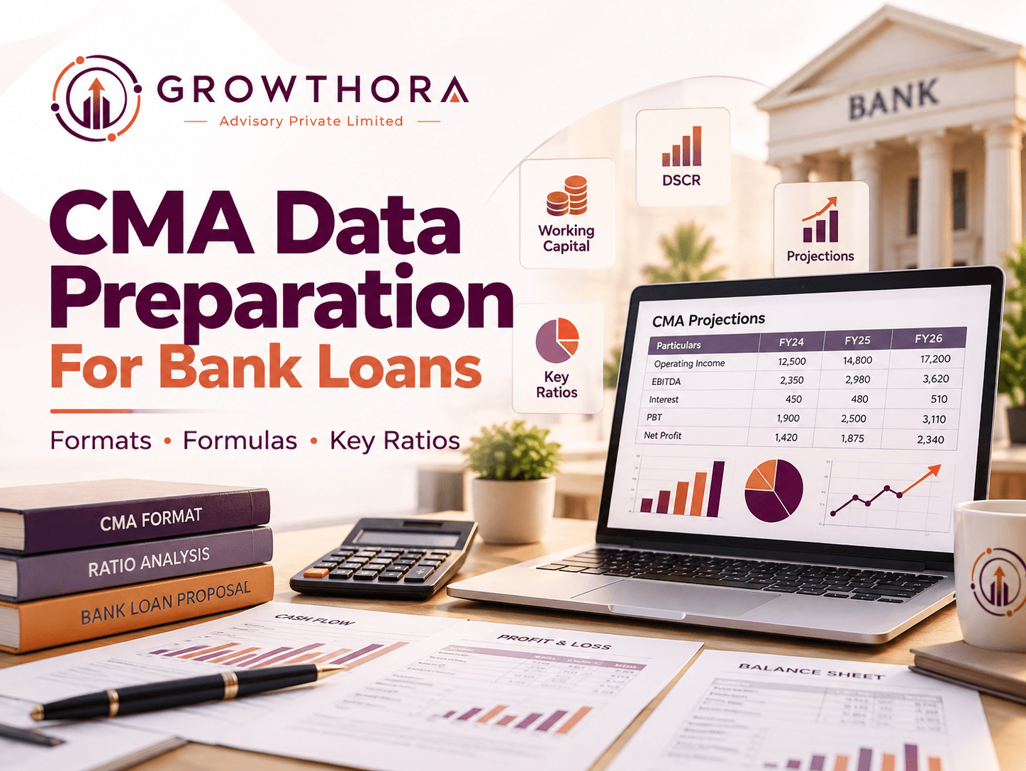 CMA Data Preparation for Bank Loans: Formats, Formulas and Key Ratios CMA data preparation for bank loans showing financial statements, formulas, key ratios, projections, bank analysis, calculator and business loan assessment documents