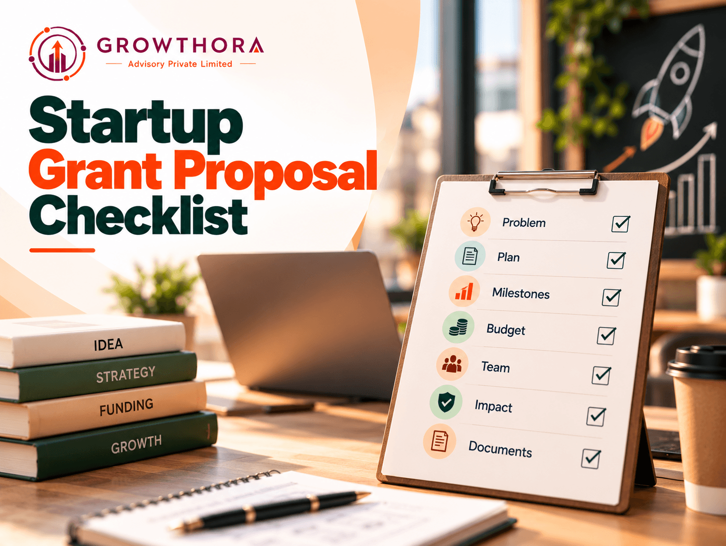 Startup Grant Proposal Checklist for India: Key Documents, Milestones and Budget Startup Grant Proposal Checklist for India banner by Growthora highlighting key proposal elements including problem, plan, milestones, budget, team, impact and required documents.