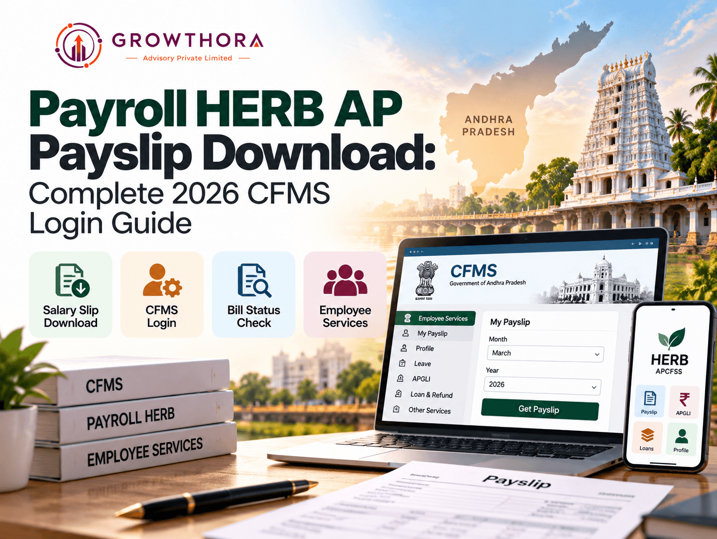 Andhra Pradesh government employee downloading a salary payslip from the Payroll HERB CFMS portal