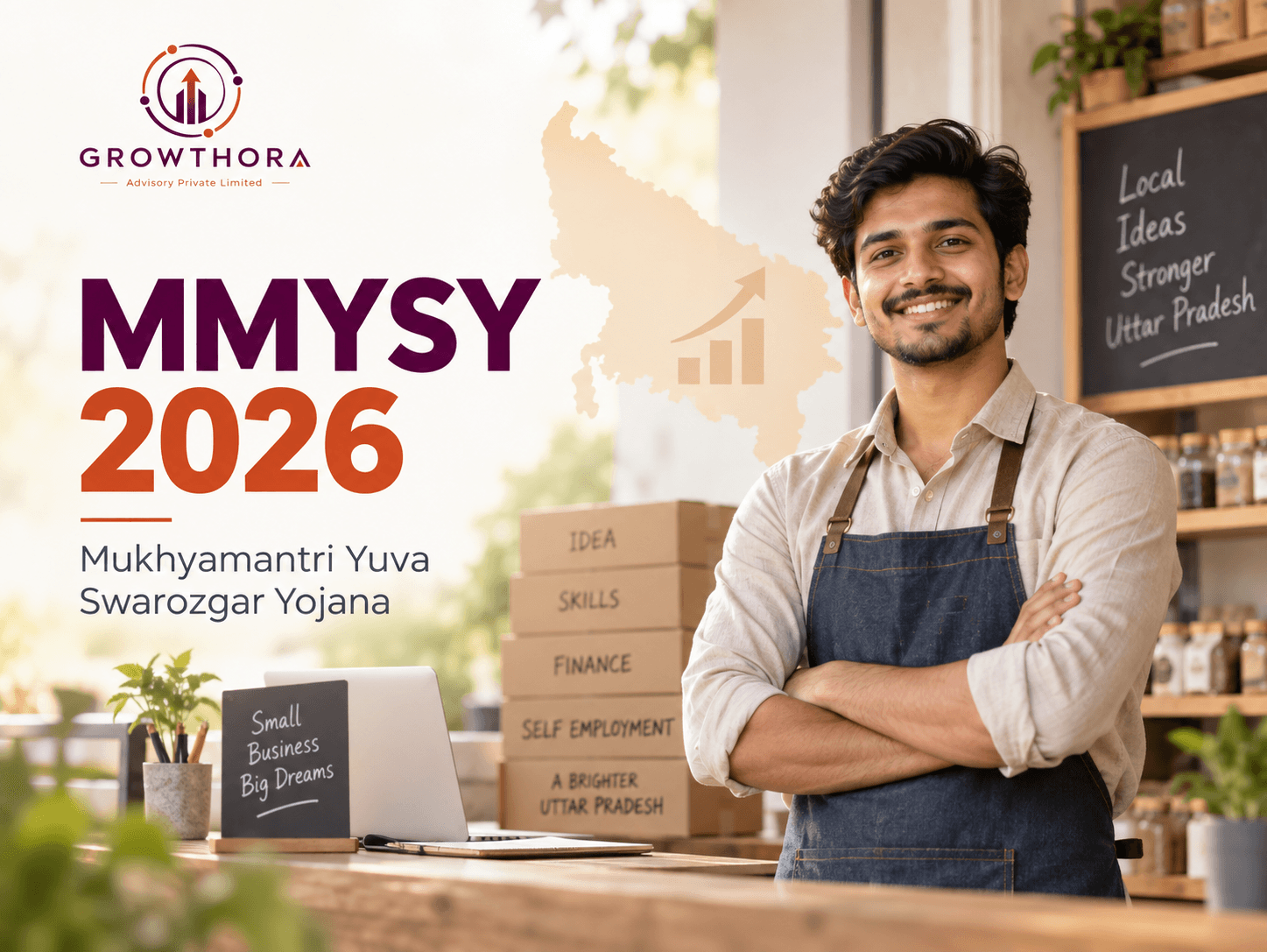 Mukhyamantri Yuva Swarozgar Yojana (MMYSY): Complete Guide for 2026 Mukhyamantri Yuva Swarozgar Yojana 2026 showing a young entrepreneur in Uttar Pradesh planning business growth, financing, skills and self-employment opportunities