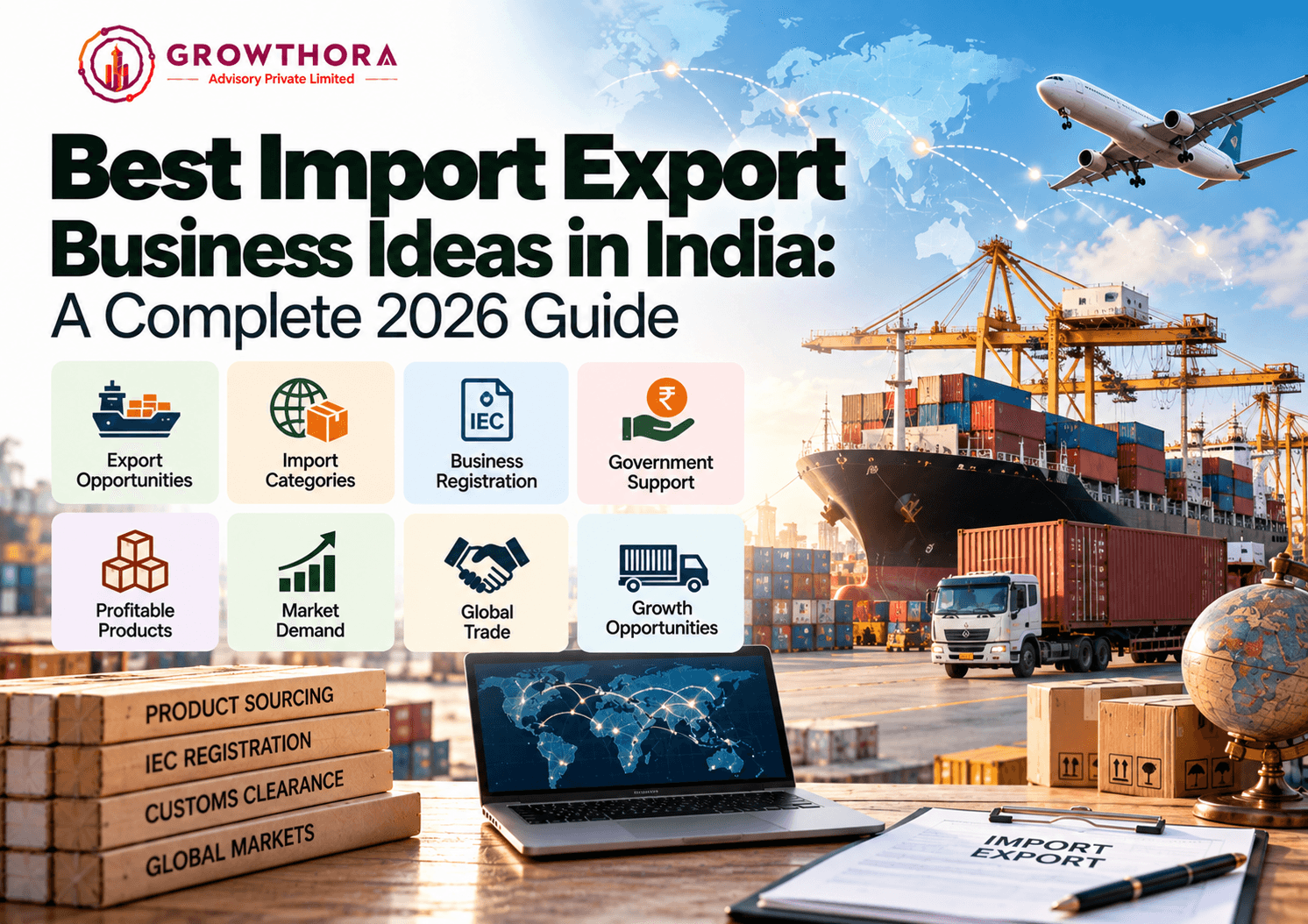 Import export business ideas in India 2026 showing export opportunities, import categories, IEC registration, government support, customs clearance, global trade and logistics