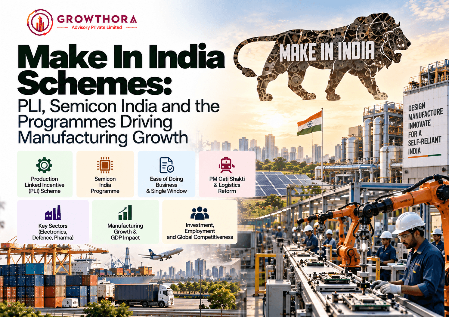 Make in India schemes showing Production Linked Incentive, Semicon India, ease of doing business, PM Gati Shakti, electronics, defence, pharma, manufacturing growth and global competitiveness