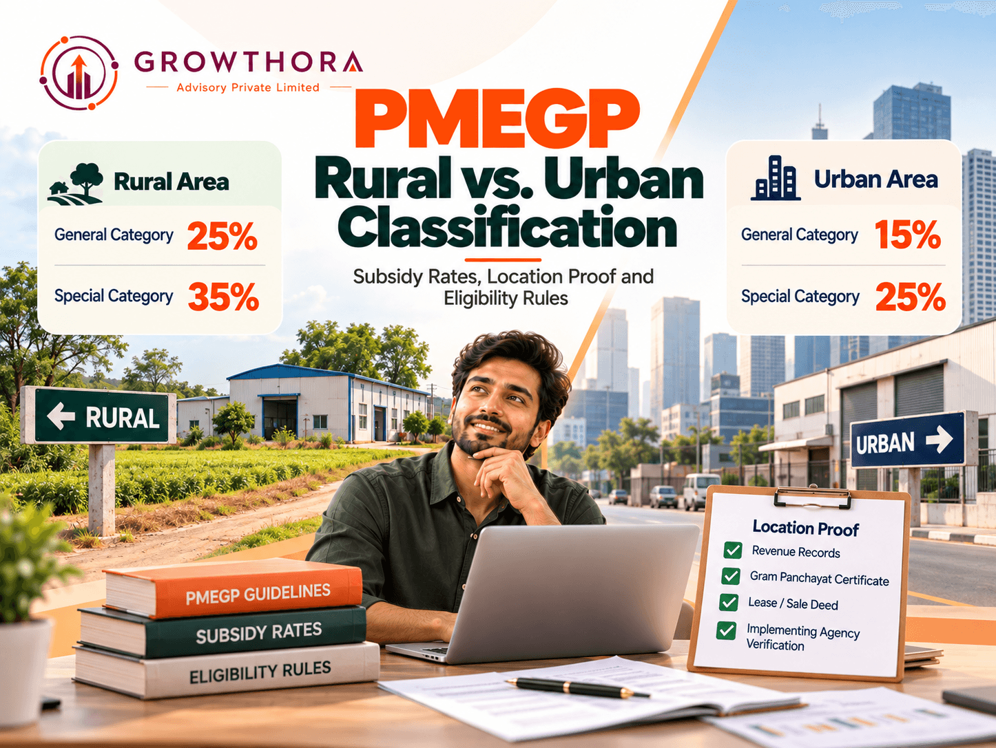 PMEGP Rural vs Urban Classification: Subsidy Rates, Location Proof and Eligibility Rules PMEGP rural vs urban subsidy comparison showing 25% and 35% rural subsidy rates versus 15% and 25% urban rates for general and special category applicants.