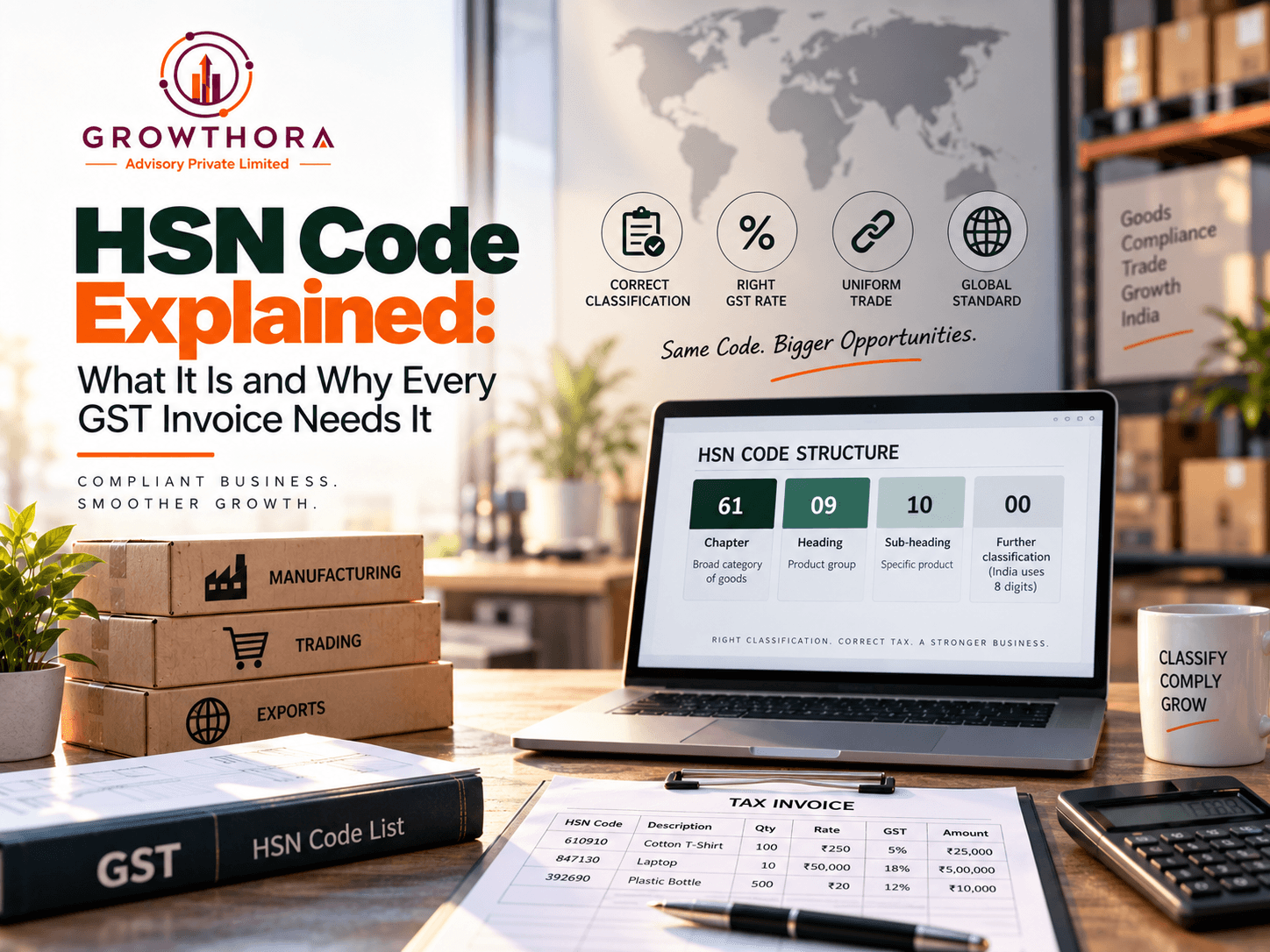HSN Code Explained: What It Is and Why Every GST Invoice Needs It HSN Code under GST explained with product classification, GST rate mapping, invoice compliance, manufacturing, trading and export documentation in India