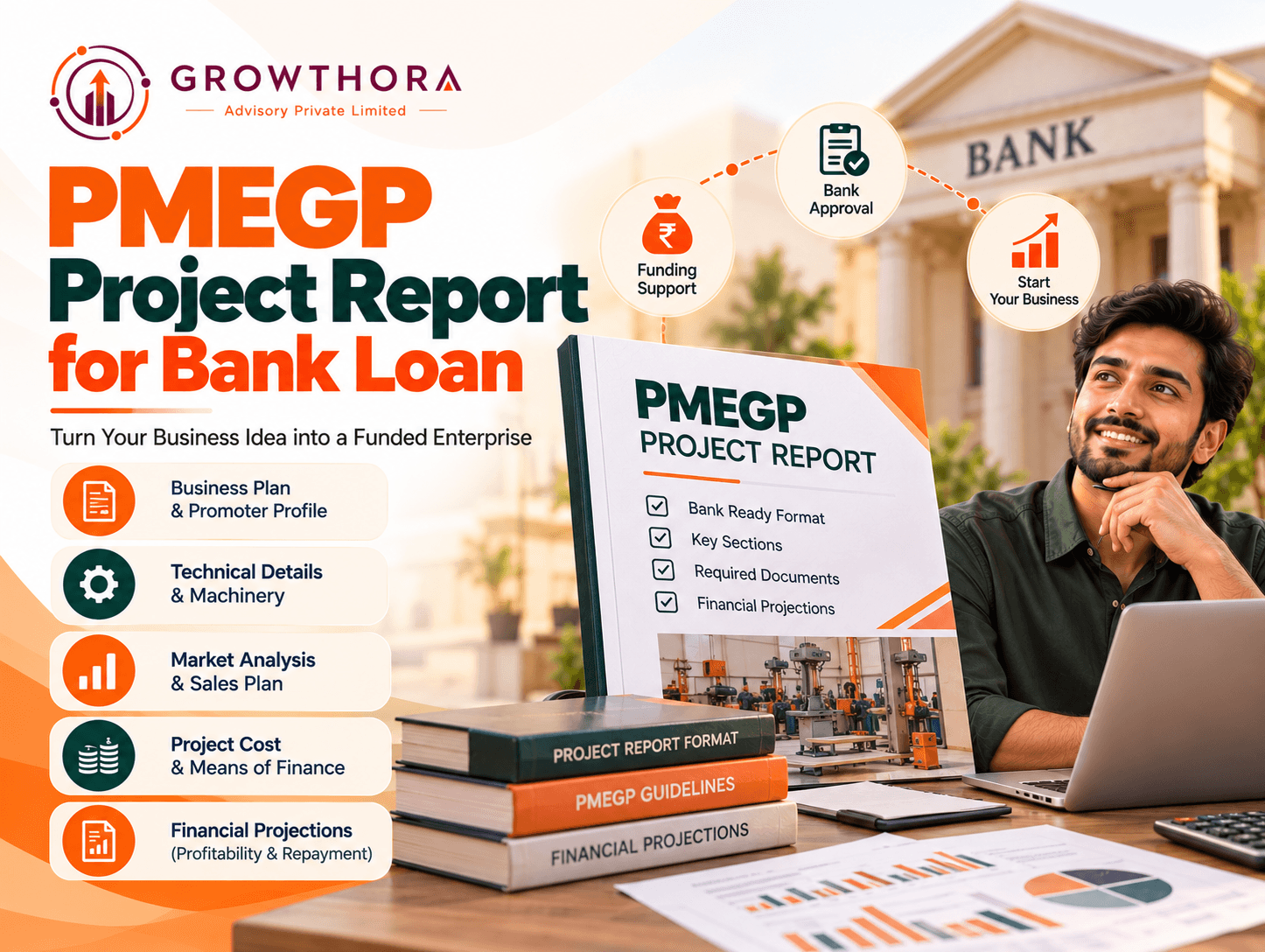 PMEGP Project Report Format for Bank Loan: DPR, Costing and Financial Projections PMEGP project report format for bank loan applications showing DPR preparation, project costing, financial projections, calculator, bank assessment and business growth planning.