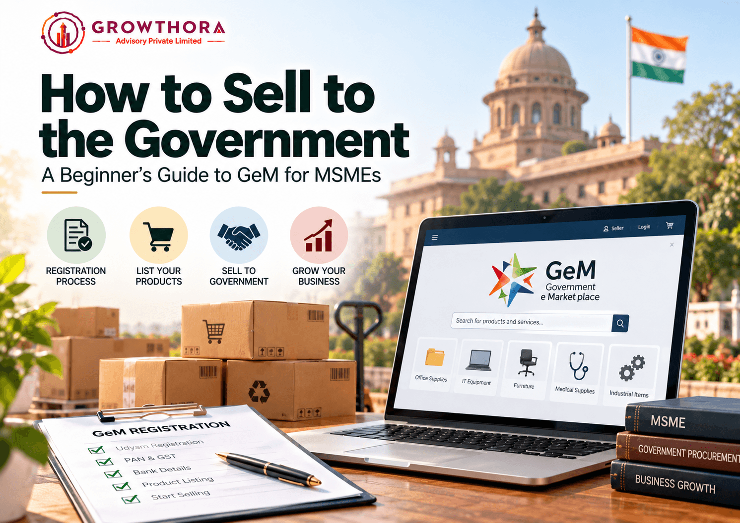 GeM for MSMEs showing government e-Marketplace registration, product listing, public procurement, Udyam-linked seller benefits and business growth opportunities in India