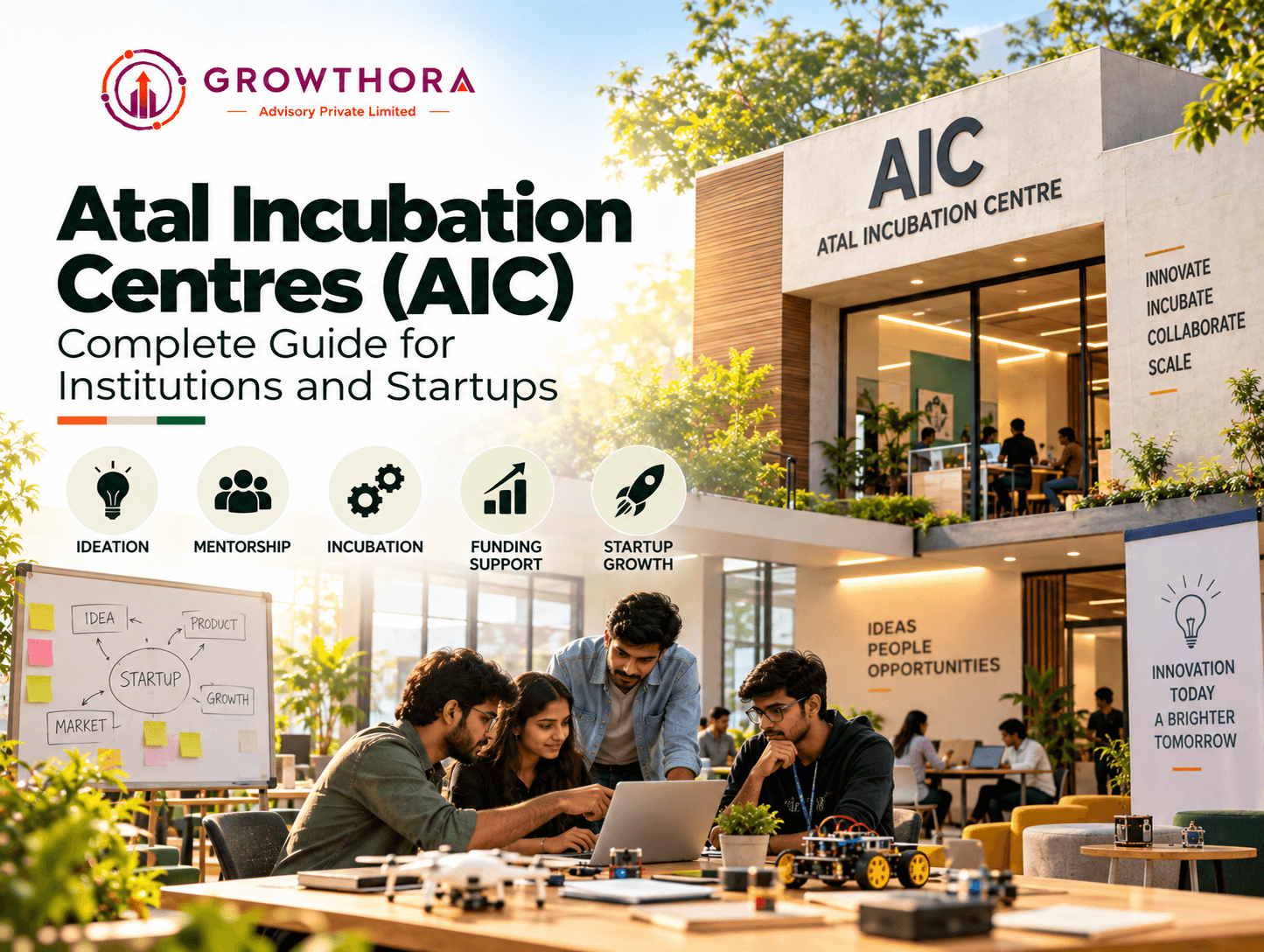 Atal Incubation Centres supporting startups and institutions through ideation, mentorship, incubation, funding support, innovation infrastructure and startup growth