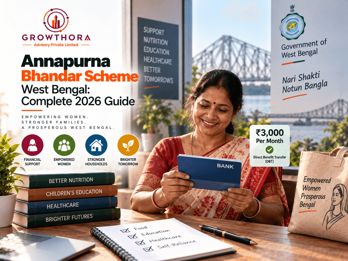 Annapurna Bhandar Scheme West Bengal: Complete 2026 Guide Annapurna Bhandar Scheme West Bengal 2026 showing financial support for women, ₹3,000 monthly DBT assistance, household welfare, education, healthcare and women empowerment
