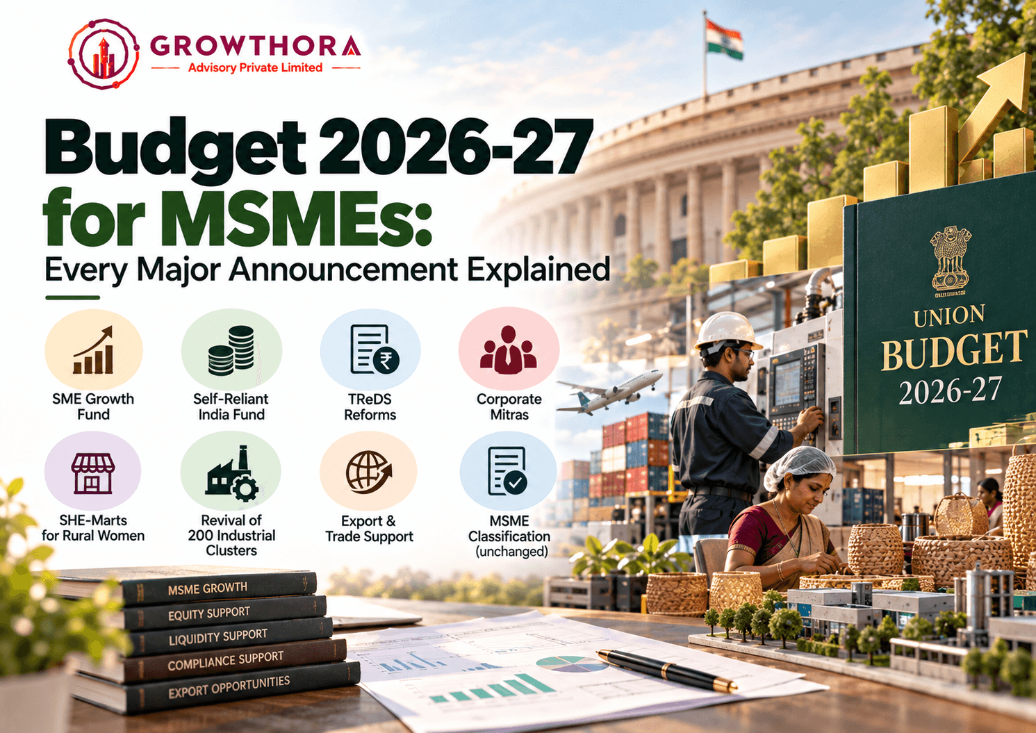 Budget 2026-27 for MSMEs showing SME Growth Fund, Self-Reliant India Fund, TReDS reforms, Corporate Mitras, SHE-Marts, industrial cluster revival and export support