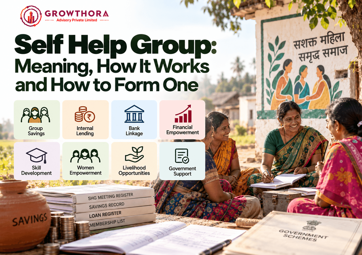 Self Help Group in India showing group savings, internal lending, bank linkage, skill development, women empowerment, livelihood opportunities and government support
