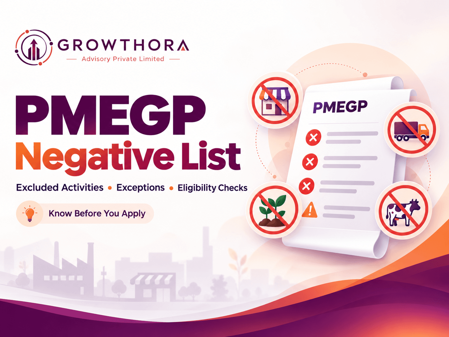 PMEGP Negative List: Excluded Activities, Exceptions and Eligibility Checks PMEGP negative list showing excluded business activities, permitted exceptions and eligibility checks to review before applying for a PMEGP loan or subsidy.