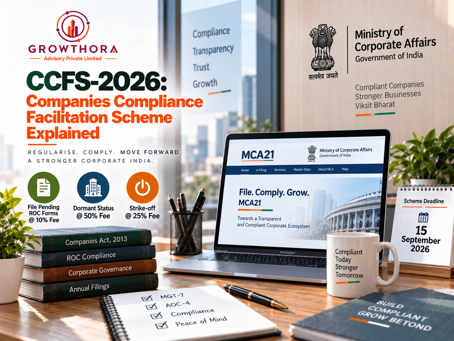 CCFS-2026 Companies Compliance Facilitation Scheme showing reduced ROC filing fees, dormant status, strike-off relief, MCA21 compliance and company law regularisation in India