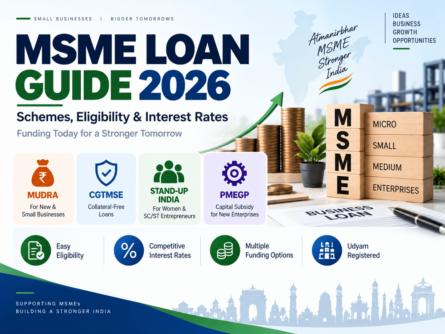 MSME loan guide 2026 showing MUDRA, CGTMSE, Stand-Up India and PMEGP schemes, eligibility, interest rates and collateral-free funding